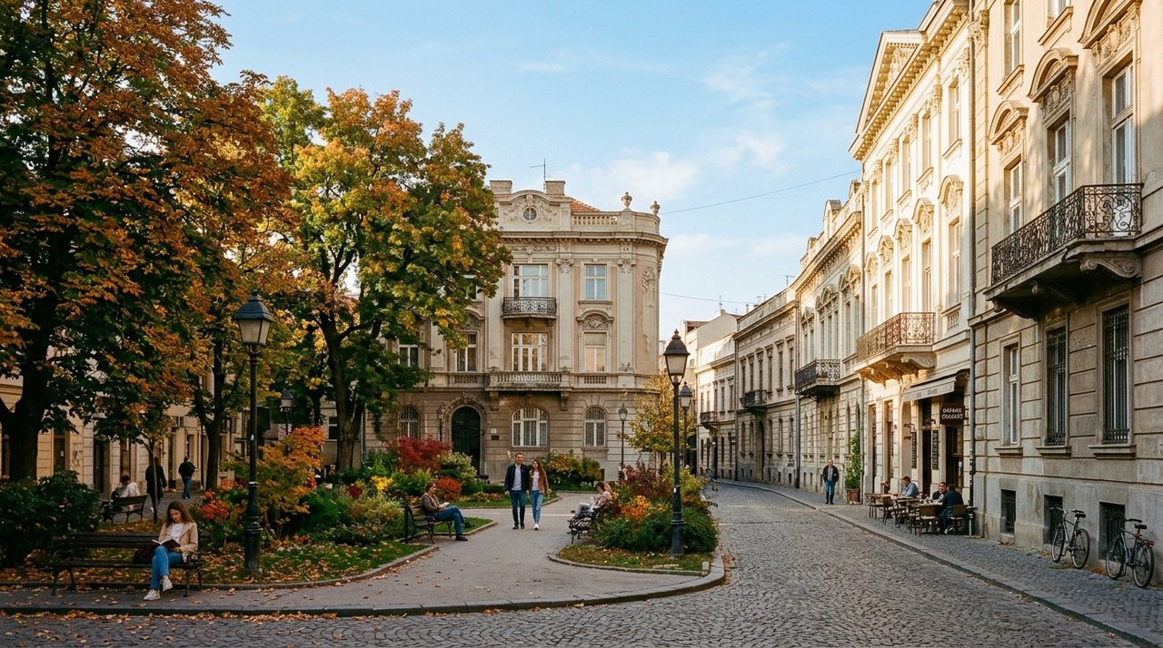 Kopitareva gradina i Jevremova ulica u starom jezgru Beograda pod jesenjim suncem